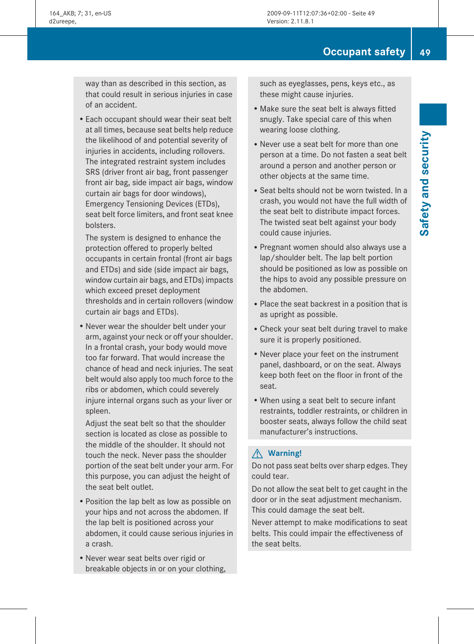 Safety and security, Occupant safety | Mercedes-Benz M-Class 2010 Owners Manual User Manual | Page 51 / 368