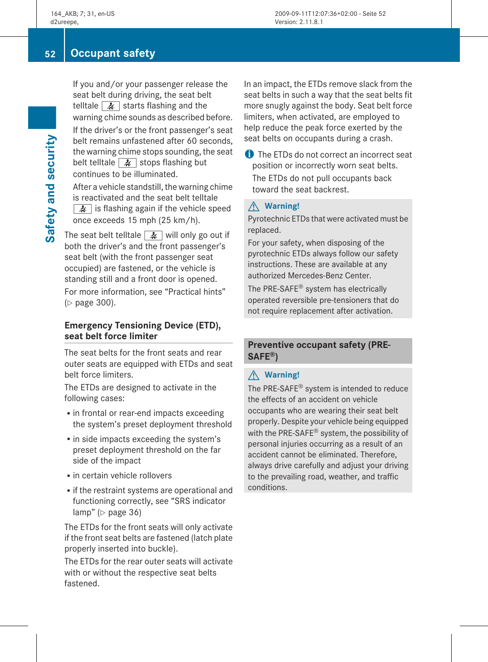 Preventive occupant safety (pre-safe®), Safety and security, Occupant safety | Mercedes-Benz M-Class 2010 Owners Manual User Manual | Page 54 / 368