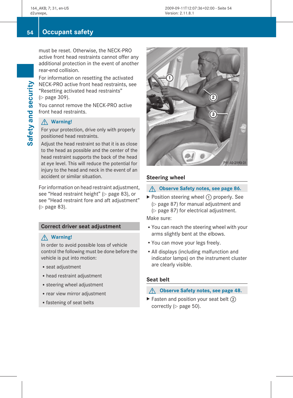 Correct driver seat adjustment, Safety and security, Occupant safety | Mercedes-Benz M-Class 2010 Owners Manual User Manual | Page 56 / 368