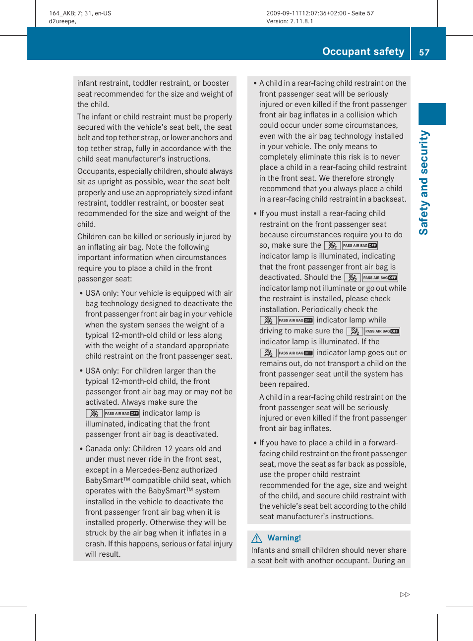 Safety and security, Occupant safety | Mercedes-Benz M-Class 2010 Owners Manual User Manual | Page 59 / 368