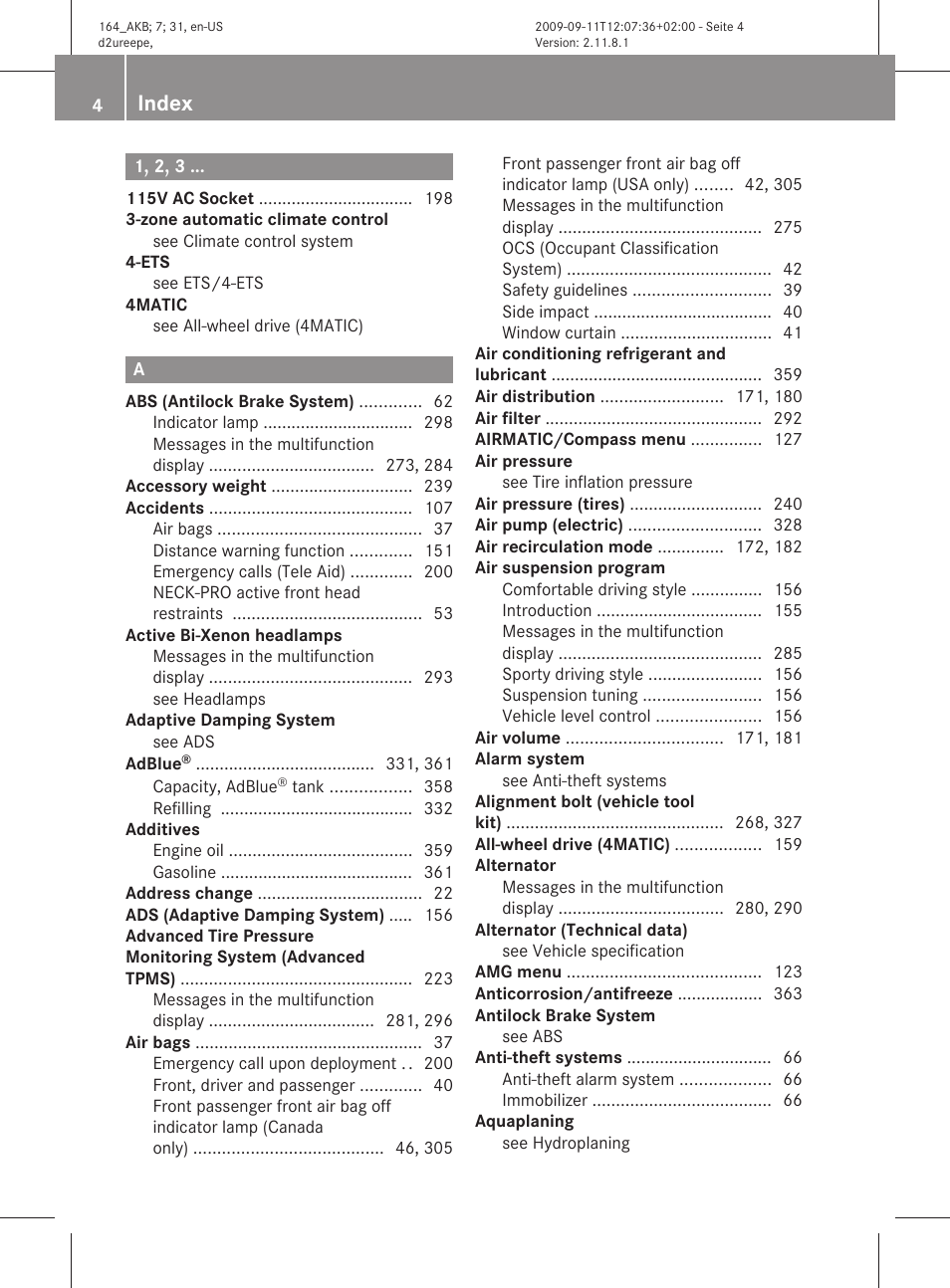 Index | Mercedes-Benz M-Class 2010 Owners Manual User Manual | Page 6 / 368