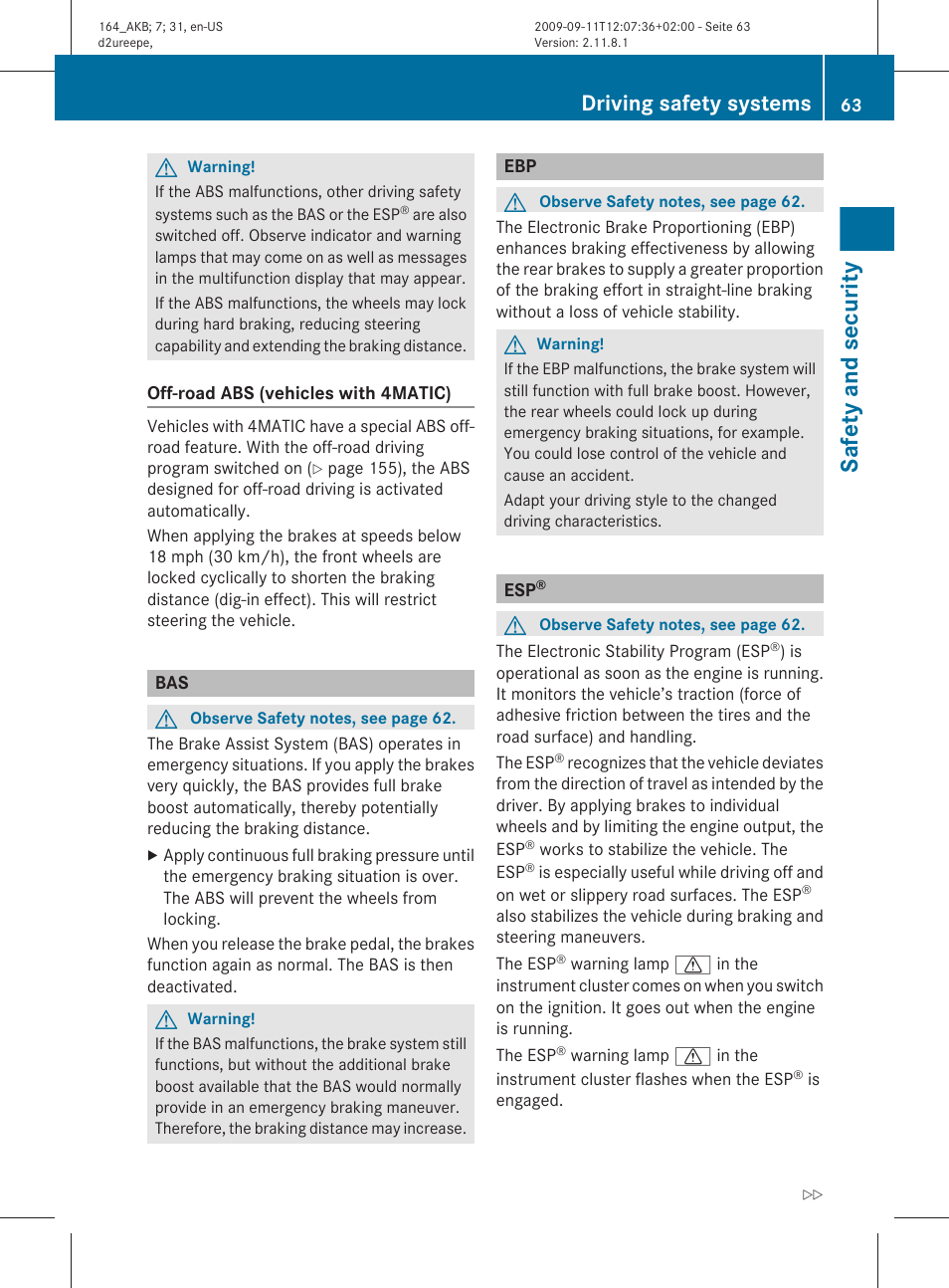 Safety and security, Driving safety systems | Mercedes-Benz M-Class 2010 Owners Manual User Manual | Page 65 / 368