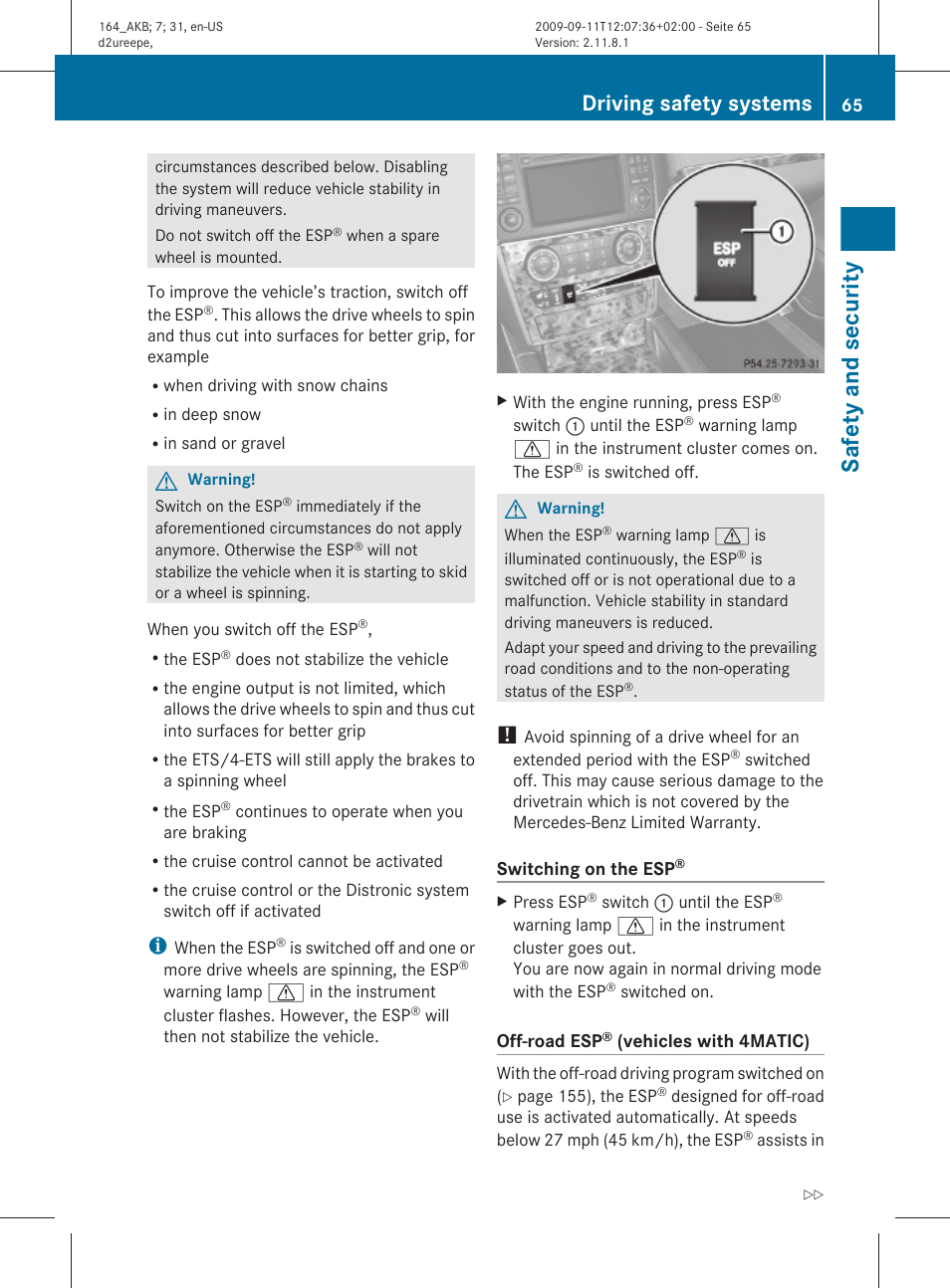 Safety and security, Driving safety systems | Mercedes-Benz M-Class 2010 Owners Manual User Manual | Page 67 / 368