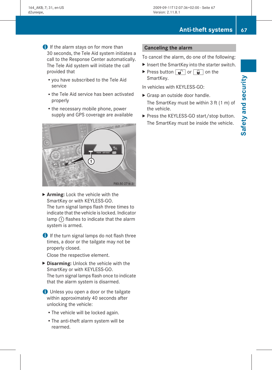 Canceling the alarm, Safety and security, Anti-theft systems | Mercedes-Benz M-Class 2010 Owners Manual User Manual | Page 69 / 368