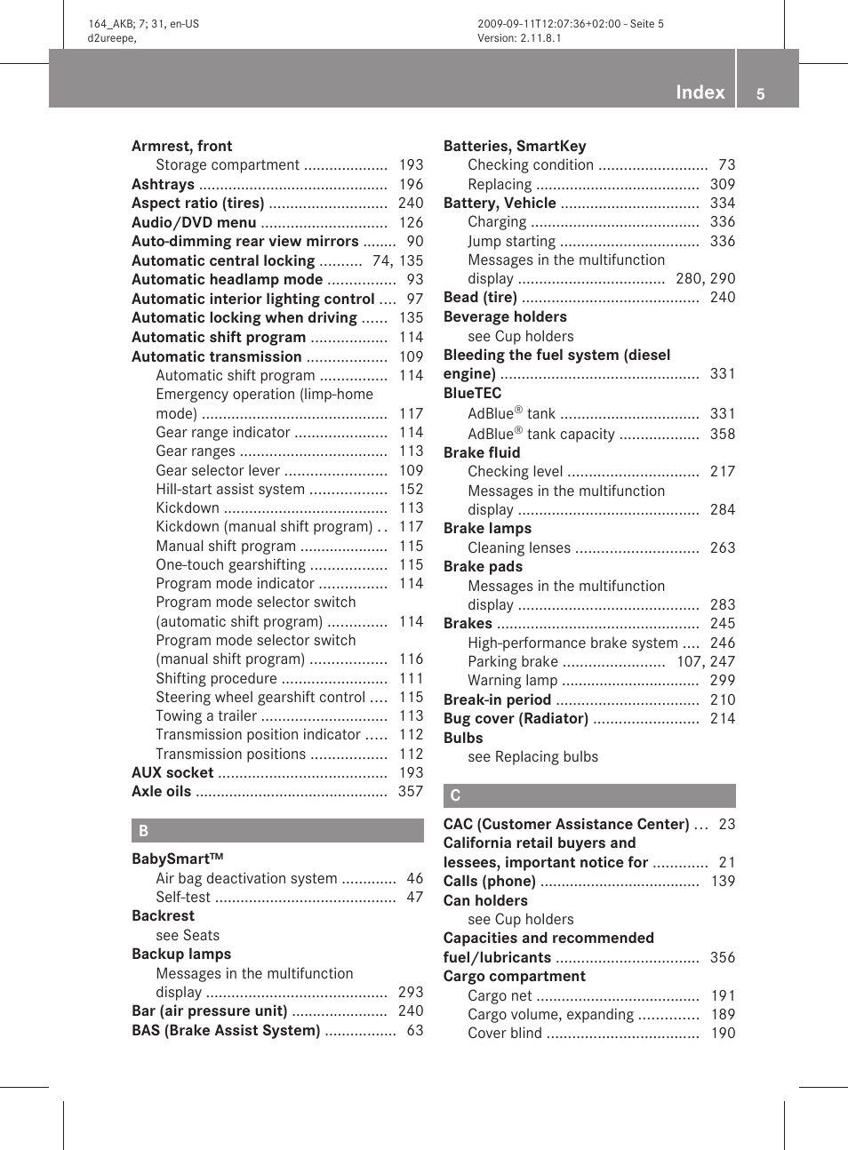 Index | Mercedes-Benz M-Class 2010 Owners Manual User Manual | Page 7 / 368