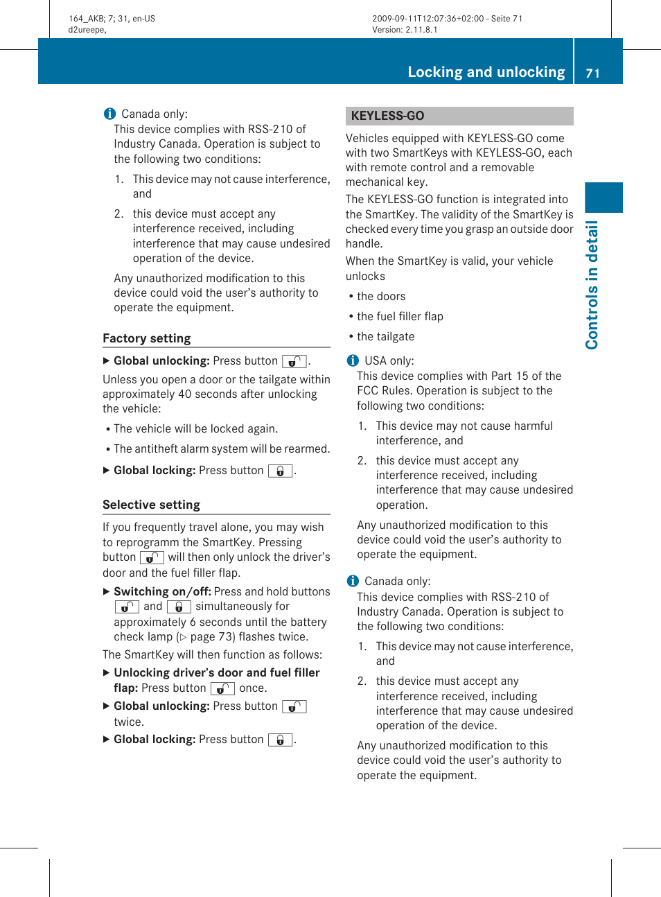 Keyless-go, Controls in detail, Locking and unlocking | Mercedes-Benz M-Class 2010 Owners Manual User Manual | Page 73 / 368