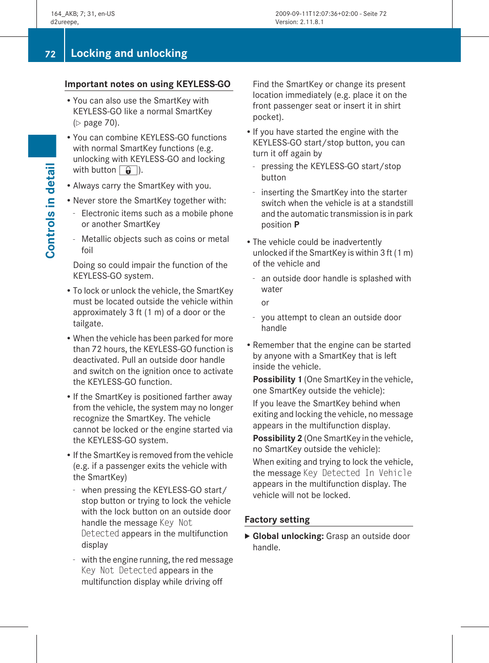 Controls in detail, Locking and unlocking | Mercedes-Benz M-Class 2010 Owners Manual User Manual | Page 74 / 368