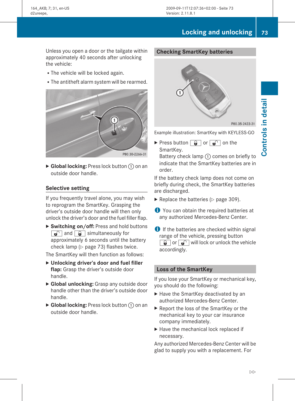 Checking smartkey batteries, Loss of the smartkey, Controls in detail | Locking and unlocking | Mercedes-Benz M-Class 2010 Owners Manual User Manual | Page 75 / 368