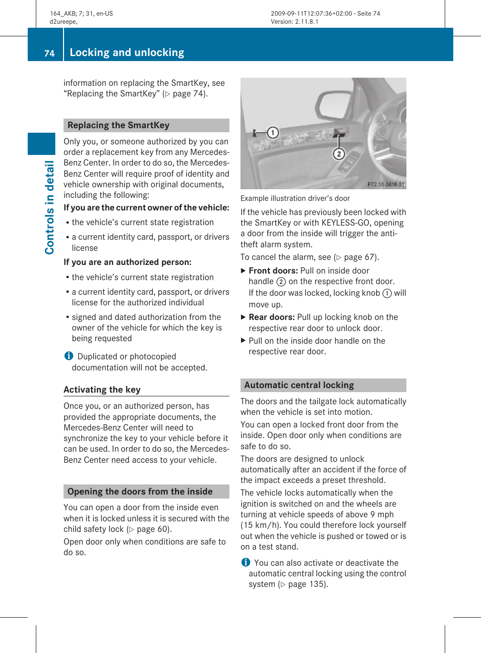 Replacing the smartkey, Opening the doors from the inside, Automatic central locking | Controls in detail, Locking and unlocking | Mercedes-Benz M-Class 2010 Owners Manual User Manual | Page 76 / 368