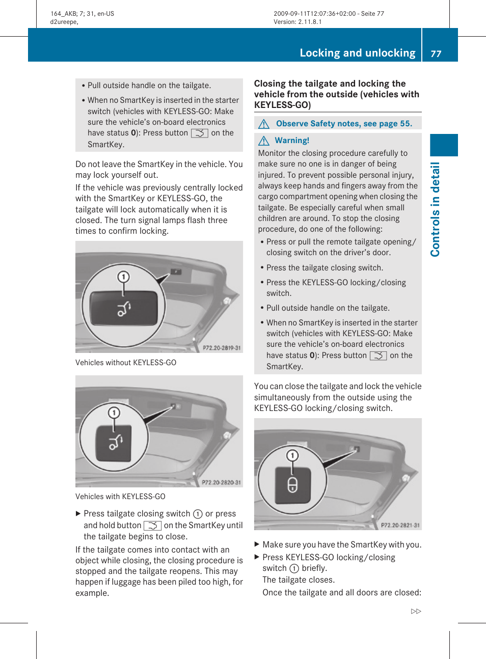 Controls in detail, Locking and unlocking | Mercedes-Benz M-Class 2010 Owners Manual User Manual | Page 79 / 368