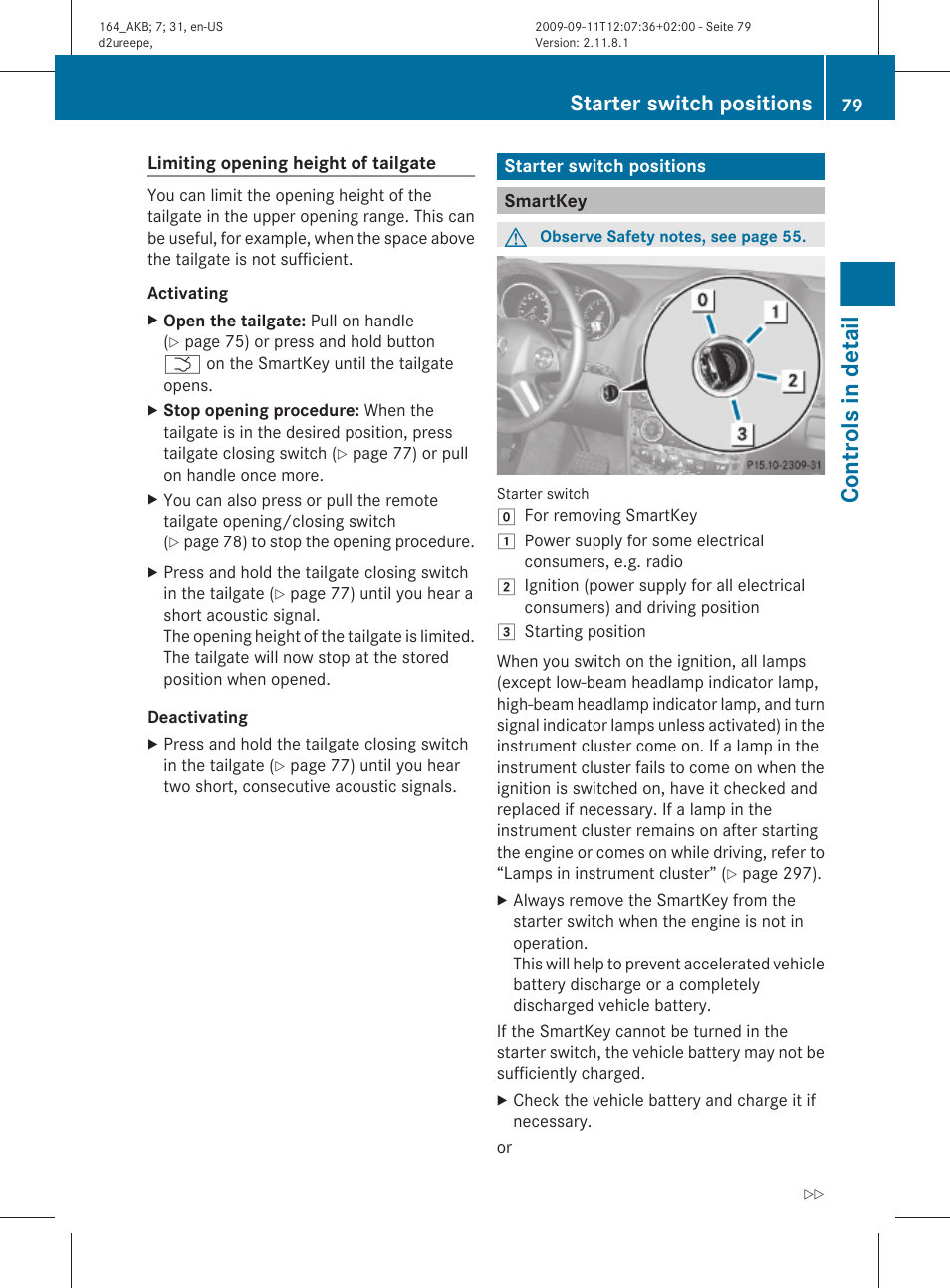 Starter switch positions, Smartkey, Controls in detail | Mercedes-Benz M-Class 2010 Owners Manual User Manual | Page 81 / 368