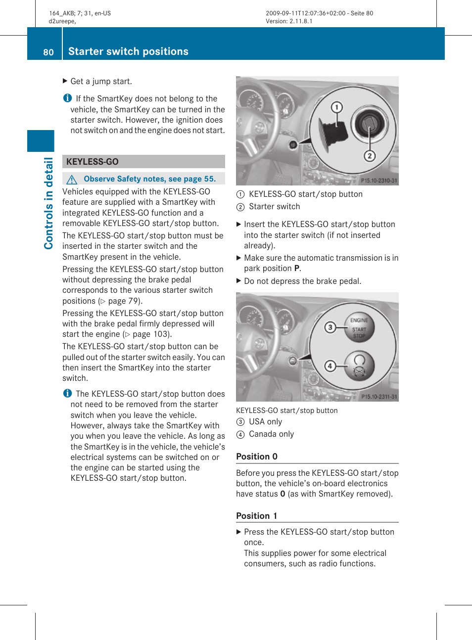 Keyless-go, Controls in detail, Starter switch positions | Mercedes-Benz M-Class 2010 Owners Manual User Manual | Page 82 / 368