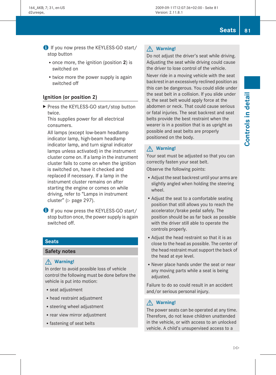 Seats, Safety notes, Controls in detail | Mercedes-Benz M-Class 2010 Owners Manual User Manual | Page 83 / 368