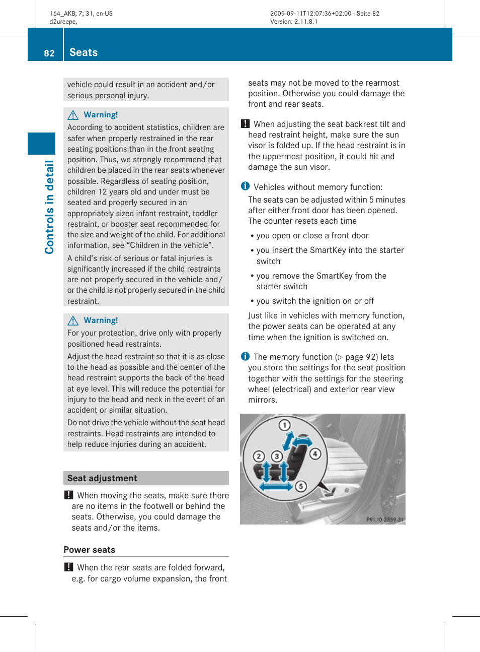 Seat adjustment, Properly. see, Controls in detail | Seats | Mercedes-Benz M-Class 2010 Owners Manual User Manual | Page 84 / 368