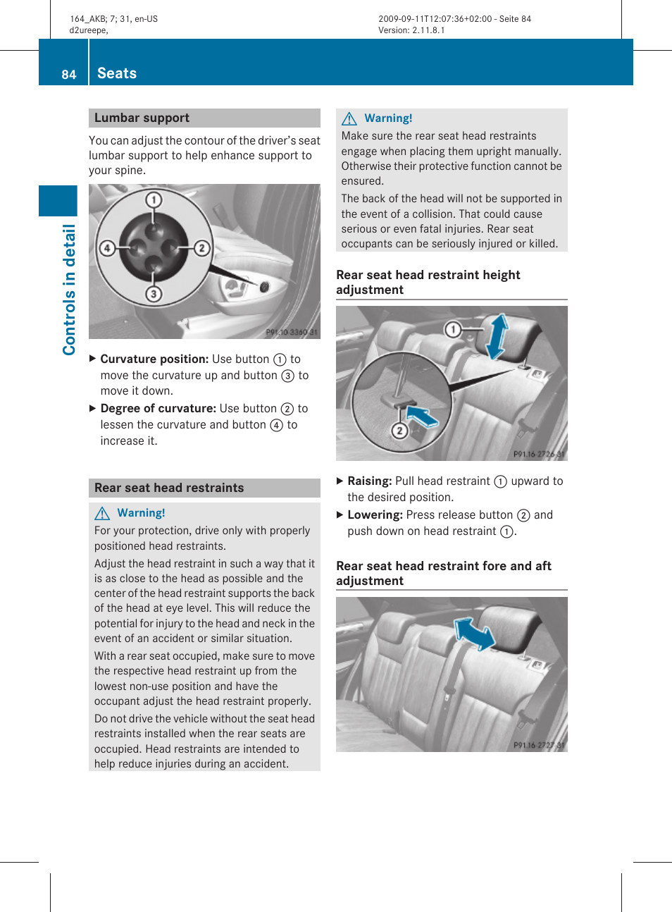 Lumbar support, Rear seat head restraints, Uppermost position | Controls in detail, Seats | Mercedes-Benz M-Class 2010 Owners Manual User Manual | Page 86 / 368