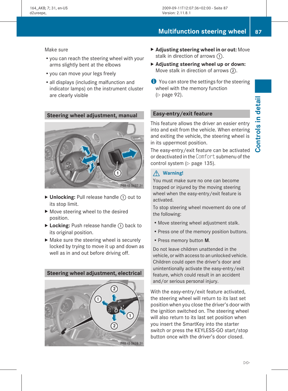 Steering wheel adjustment, manual, Steering wheel adjustment, electrical, Easy-entry/exit feature | Controls in detail, Multifunction steering wheel | Mercedes-Benz M-Class 2010 Owners Manual User Manual | Page 89 / 368