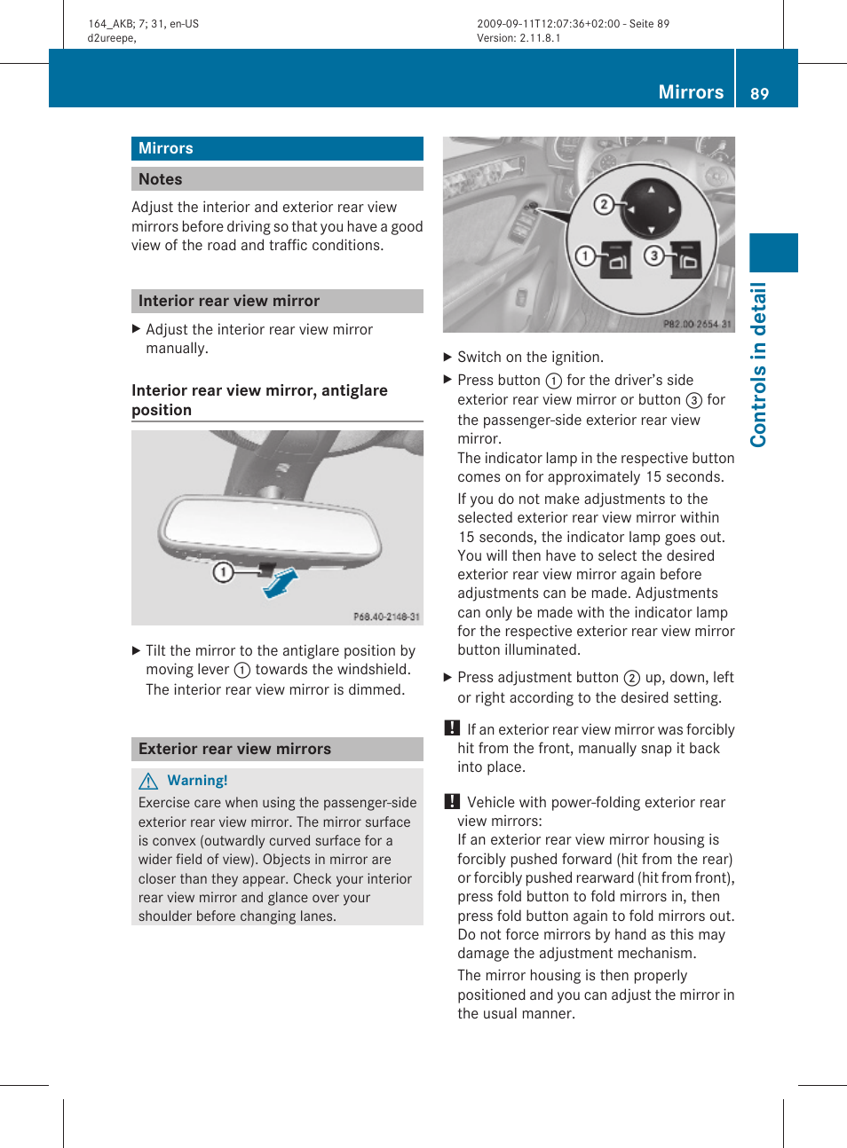 Mirrors, Notes, Interior rear view mirror | Exterior rear view mirrors, Controls in detail | Mercedes-Benz M-Class 2010 Owners Manual User Manual | Page 91 / 368