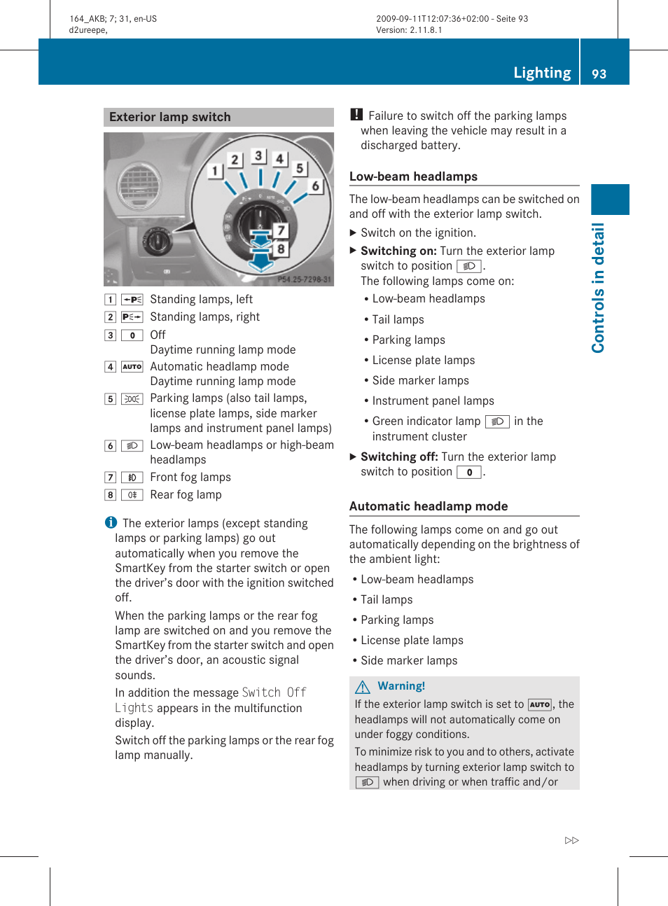 Exterior lamp switch, Controls in detail, Lighting | Mercedes-Benz M-Class 2010 Owners Manual User Manual | Page 95 / 368
