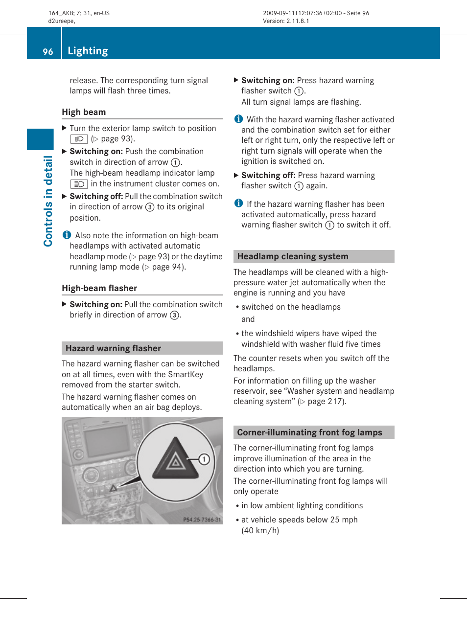 Hazard warning flasher, Headlamp cleaning system, Corner-illuminating front fog lamps | Controls in detail, Lighting | Mercedes-Benz M-Class 2010 Owners Manual User Manual | Page 98 / 368