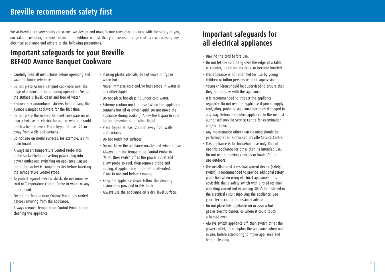 Breville recommends safety first, Important safeguards for all electrical appliances | Breville BEF400 User Manual | Page 3 / 20