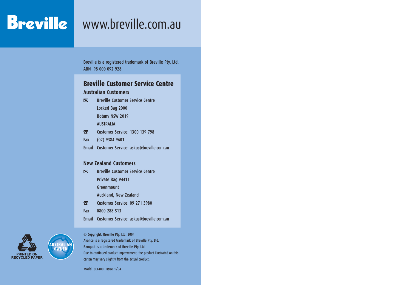 Breville customer service centre | Breville BEF400 User Manual | Page 9 / 20