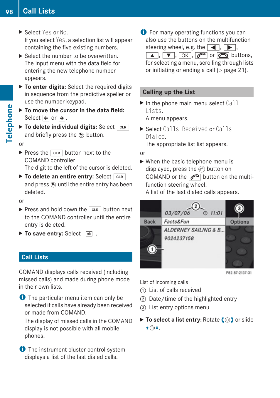 Call lists, Calling up the list, Dialed” appears | Telephone | Mercedes-Benz C-Class 2010 COMAND Manual User Manual | Page 100 / 212