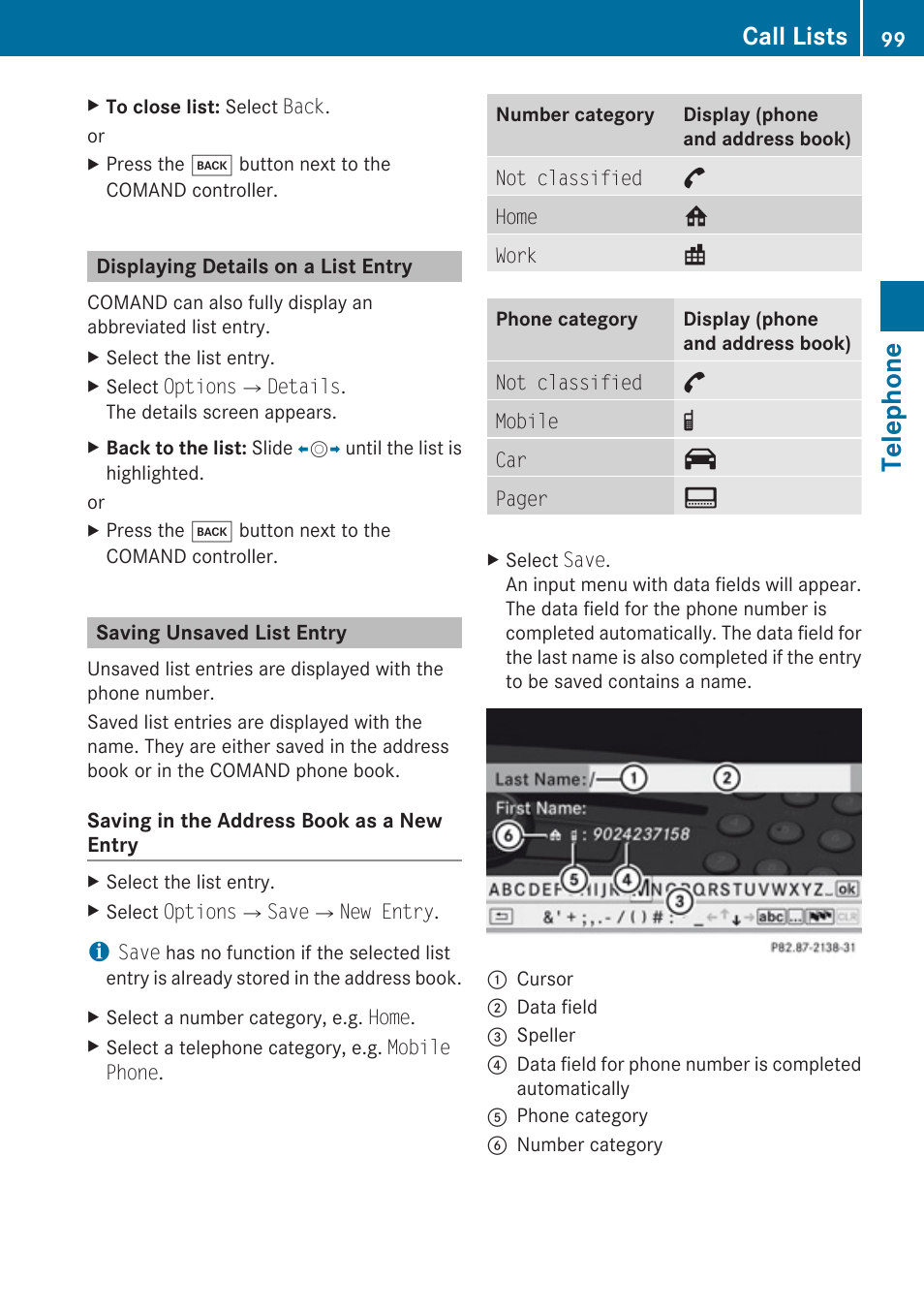 Displaying details on a list entry, Saving unsaved list entry, Telephone | Call lists | Mercedes-Benz C-Class 2010 COMAND Manual User Manual | Page 101 / 212
