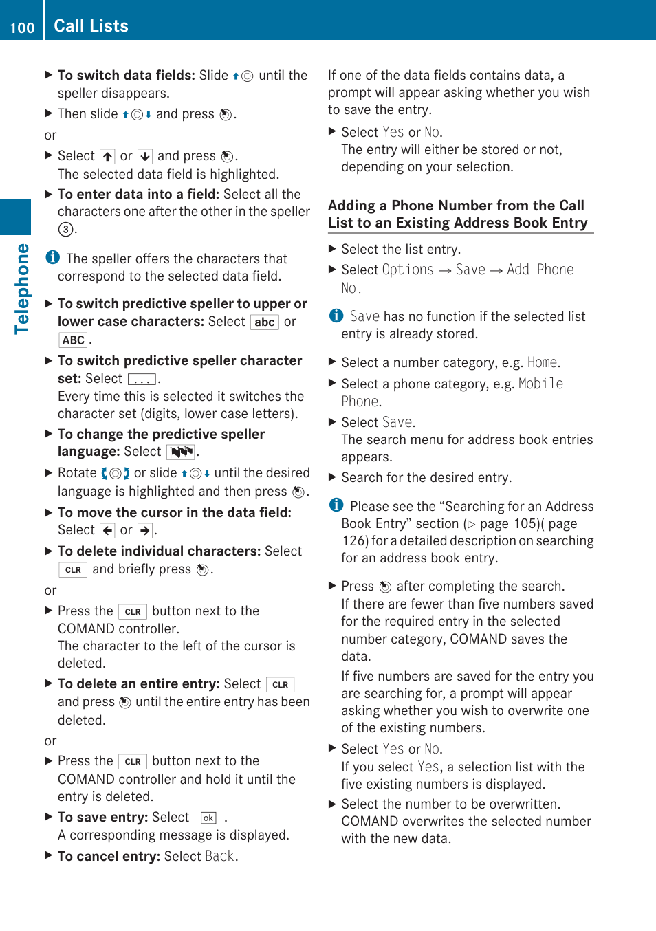Telephone, Call lists | Mercedes-Benz C-Class 2010 COMAND Manual User Manual | Page 102 / 212
