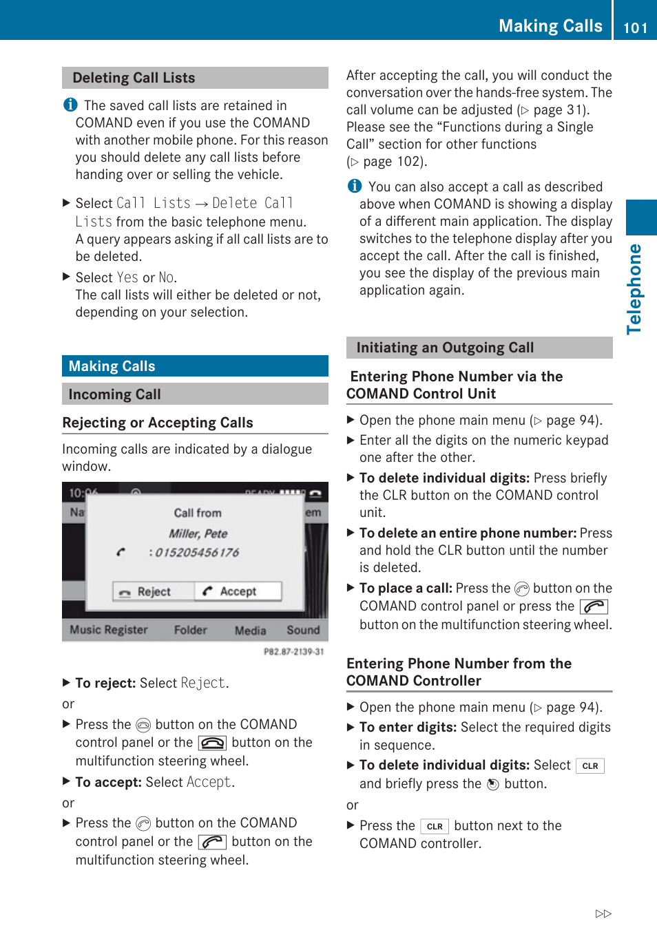Deleting call lists, Making calls, Incoming call | Initiating an outgoing call, Unit, Telephone | Mercedes-Benz C-Class 2010 COMAND Manual User Manual | Page 103 / 212