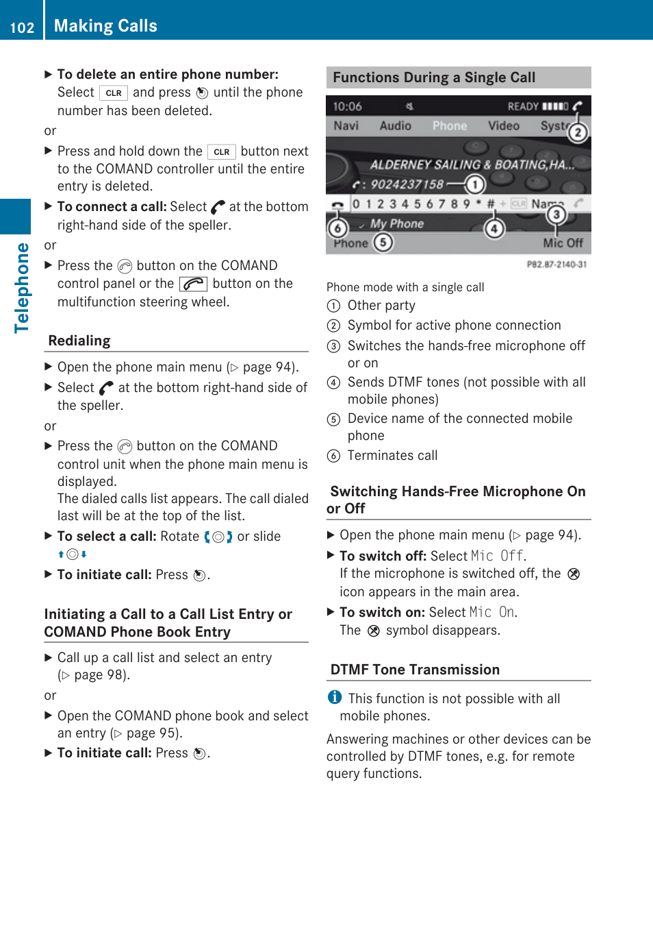 Functions during a single call, Telephone, Making calls | Mercedes-Benz C-Class 2010 COMAND Manual User Manual | Page 104 / 212