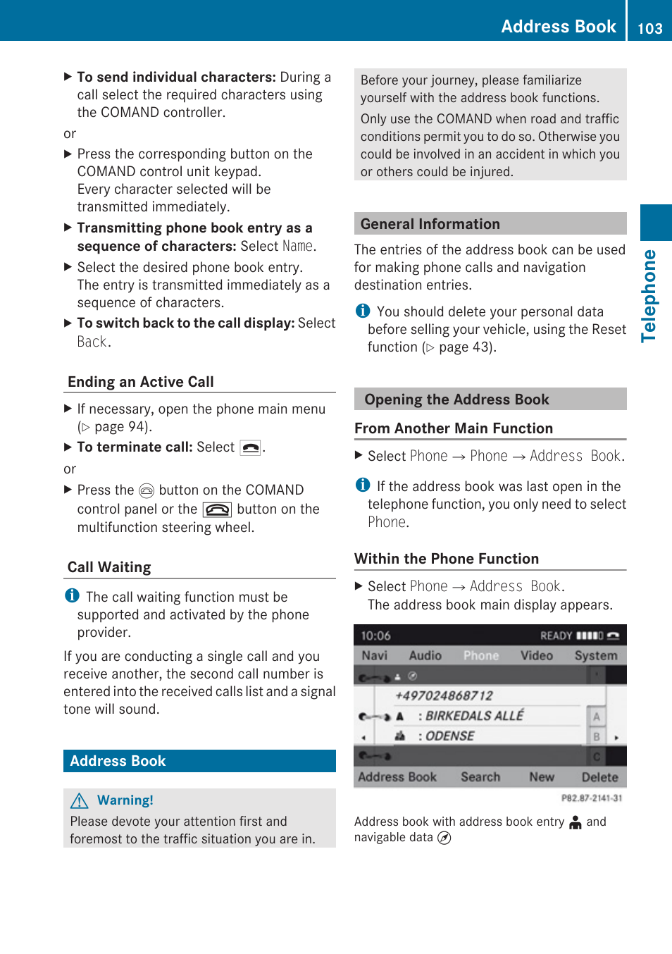Address book, General information, Opening the address book | Telephone | Mercedes-Benz C-Class 2010 COMAND Manual User Manual | Page 105 / 212
