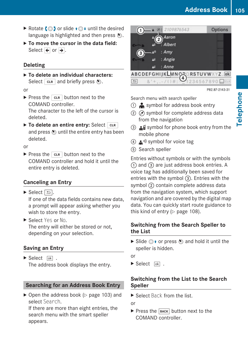 Searching for an address book entry, Telephone, Address book | Mercedes-Benz C-Class 2010 COMAND Manual User Manual | Page 107 / 212