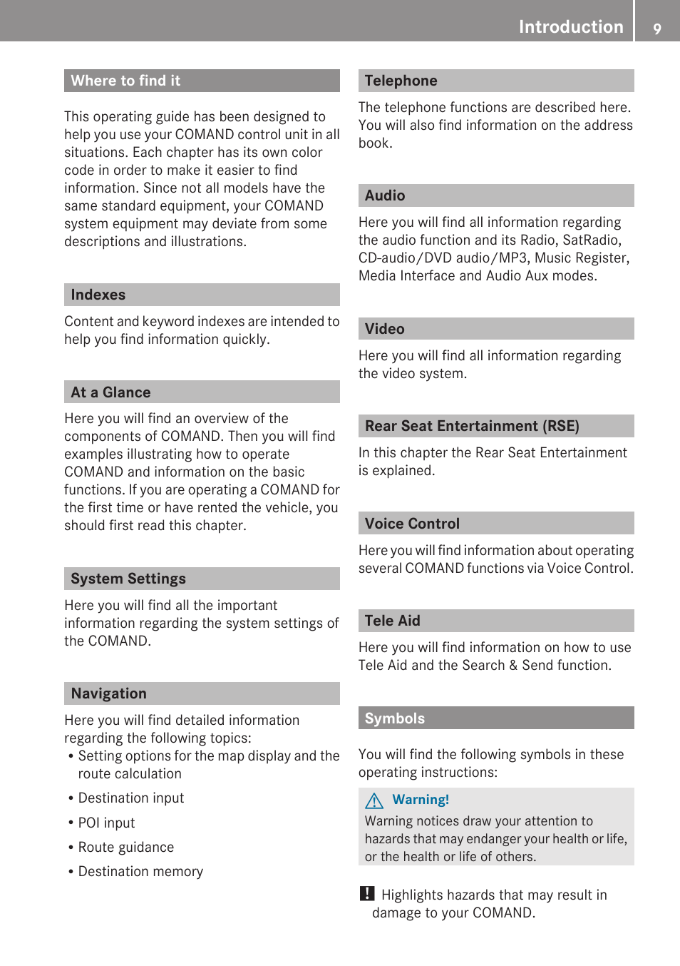 Introduction, Where to find it, Indexes | At a glance, System settings, Navigation, Telephone, Audio, Video, Rear seat entertainment (rse) | Mercedes-Benz C-Class 2010 COMAND Manual User Manual | Page 11 / 212