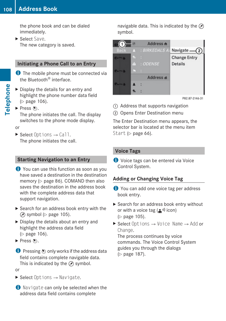 Initiating a phone call to an entry, Starting navigation to an entry, Voice tags | This kind of entry, Telephone, Address book | Mercedes-Benz C-Class 2010 COMAND Manual User Manual | Page 110 / 212