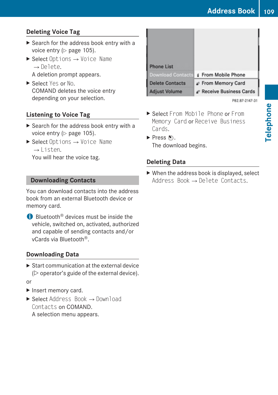 Downloading contacts, Telephone, Address book | Mercedes-Benz C-Class 2010 COMAND Manual User Manual | Page 111 / 212