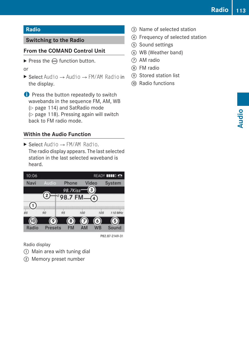 Radio, Switching to the radio, Fm / am radio mode | Audio | Mercedes-Benz C-Class 2010 COMAND Manual User Manual | Page 115 / 212