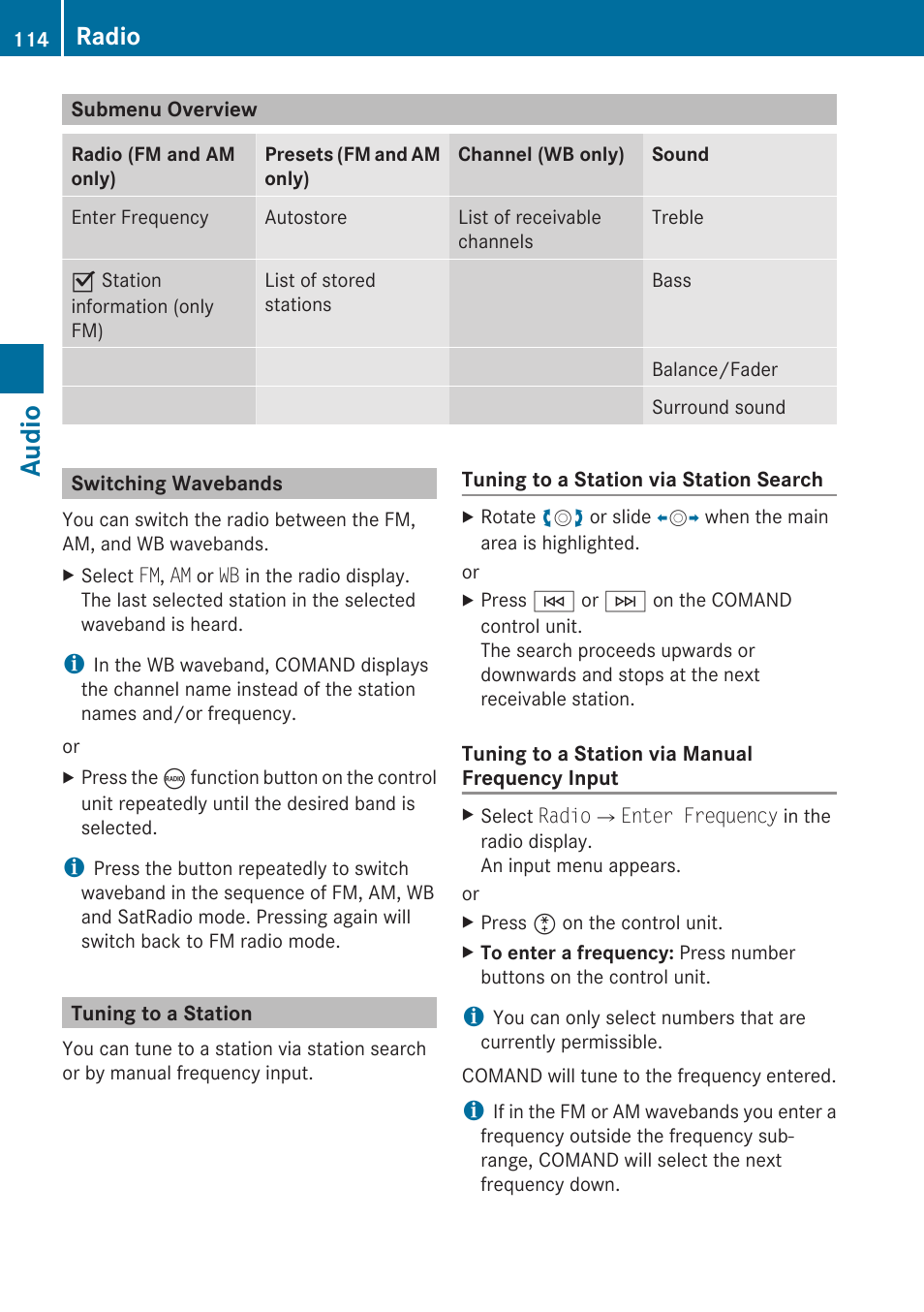 Submenu overview, Switching wavebands, Tuning to a station | Audio, Radio | Mercedes-Benz C-Class 2010 COMAND Manual User Manual | Page 116 / 212