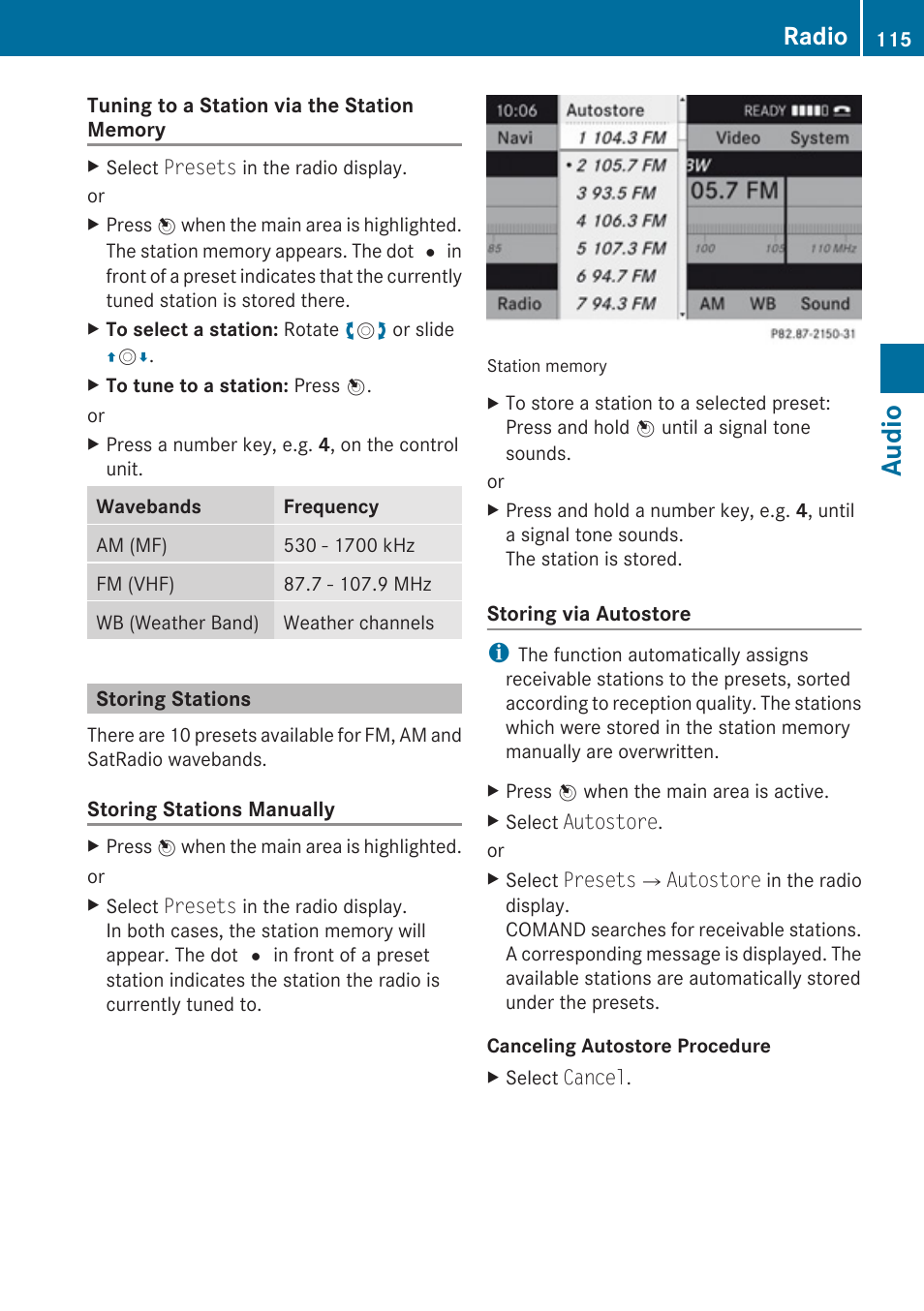Storing stations, Audio, Radio | Mercedes-Benz C-Class 2010 COMAND Manual User Manual | Page 117 / 212