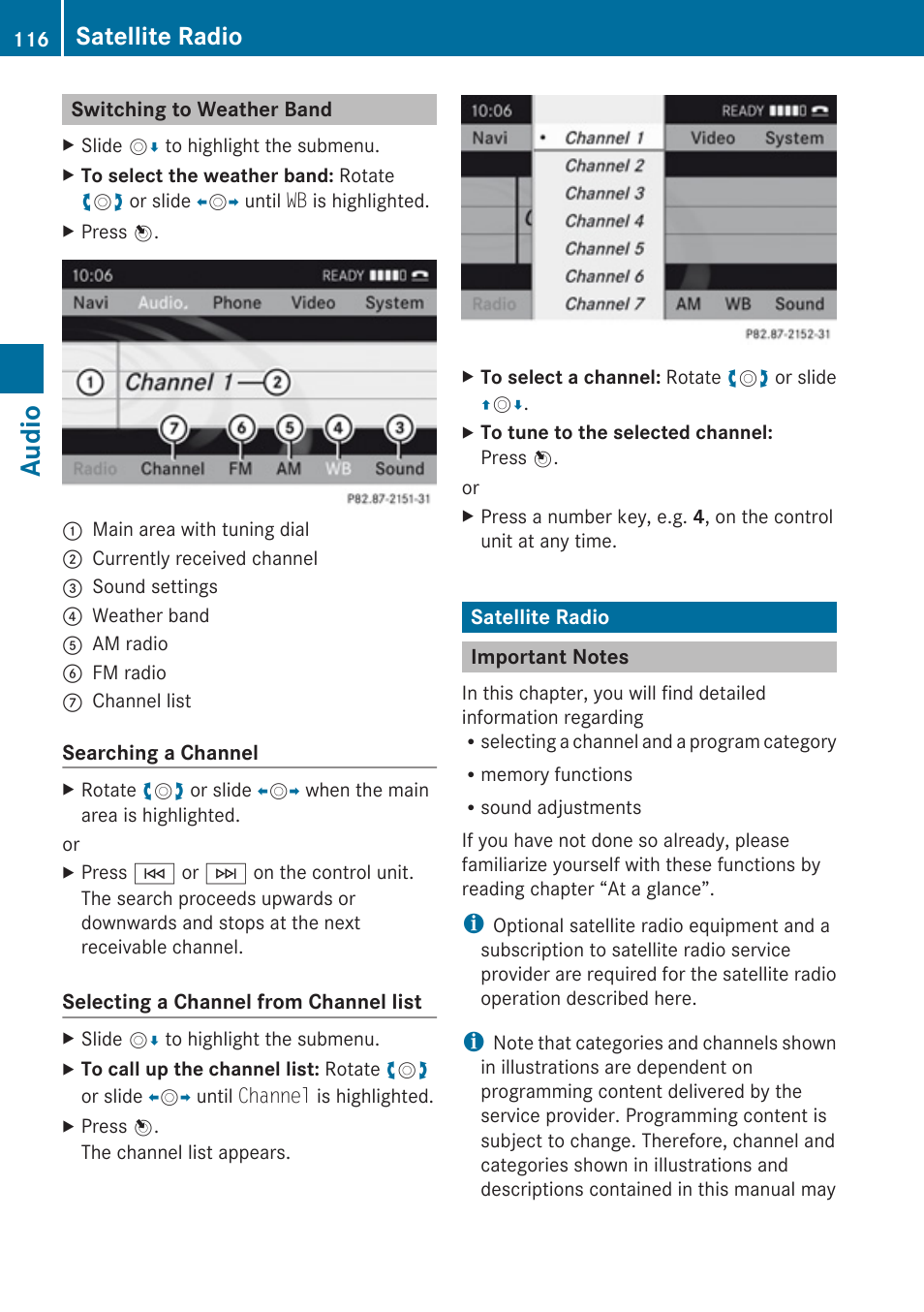 Switching to weather band, Satellite radio, Important notes | Audio | Mercedes-Benz C-Class 2010 COMAND Manual User Manual | Page 118 / 212