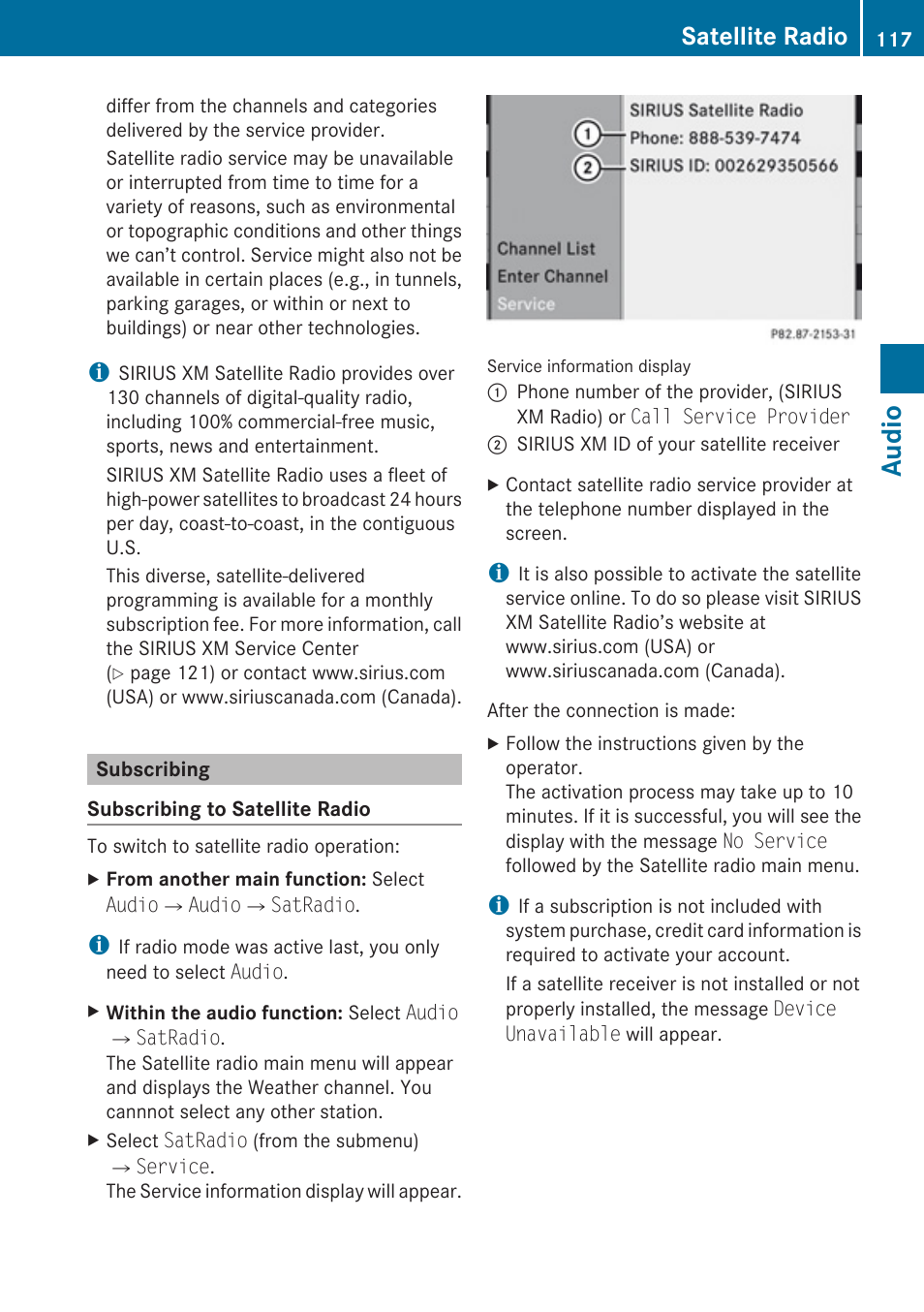 Subscribing, Audio, Satellite radio | Mercedes-Benz C-Class 2010 COMAND Manual User Manual | Page 119 / 212