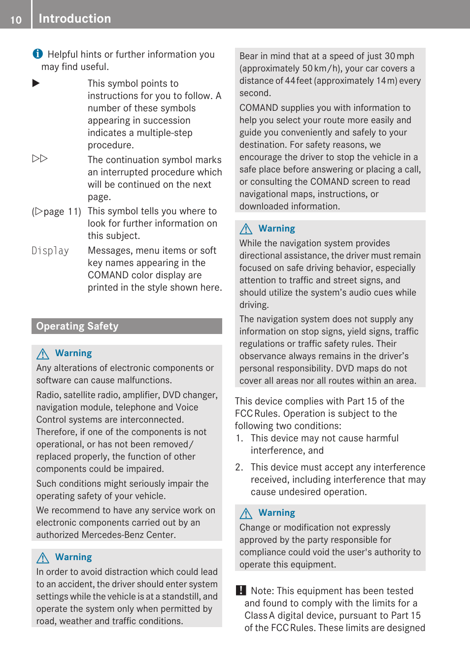 Operating safety, Introduction | Mercedes-Benz C-Class 2010 COMAND Manual User Manual | Page 12 / 212