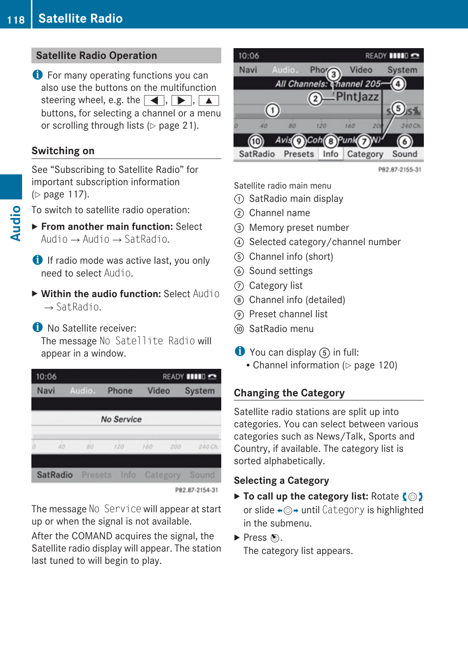 Satellite radio operation, Satradio mode, Audio | Satellite radio | Mercedes-Benz C-Class 2010 COMAND Manual User Manual | Page 120 / 212