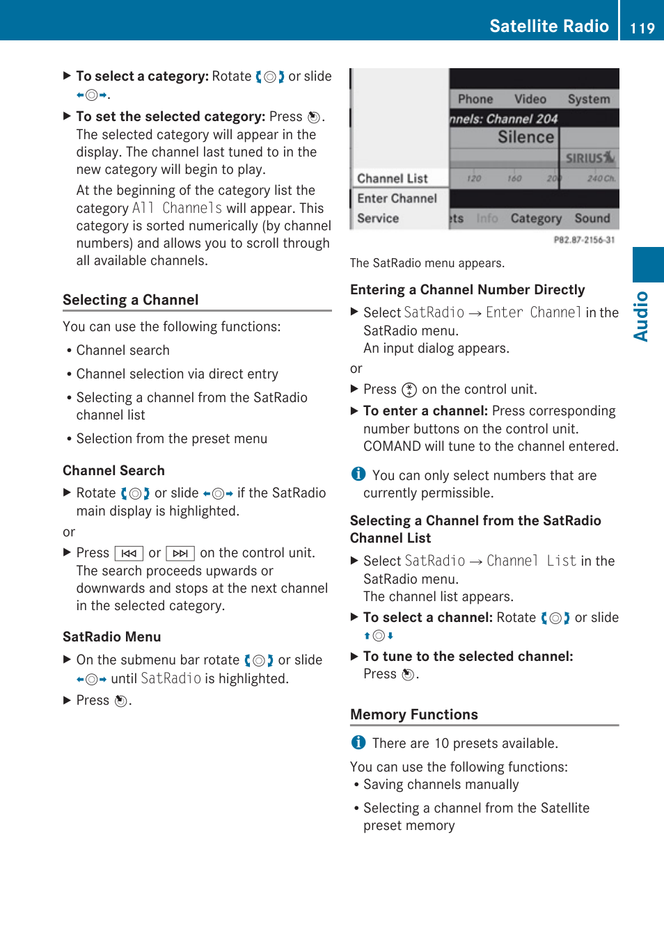 Audio, Satellite radio | Mercedes-Benz C-Class 2010 COMAND Manual User Manual | Page 121 / 212