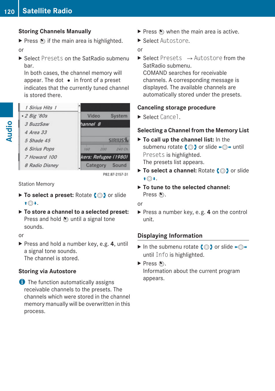 Channel information, Audio, Satellite radio | Mercedes-Benz C-Class 2010 COMAND Manual User Manual | Page 122 / 212