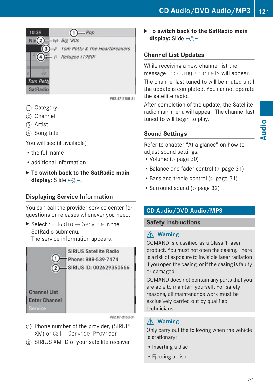 Cd audio/dvd audio/mp3, Safety instructions, Audio | Mercedes-Benz C-Class 2010 COMAND Manual User Manual | Page 123 / 212
