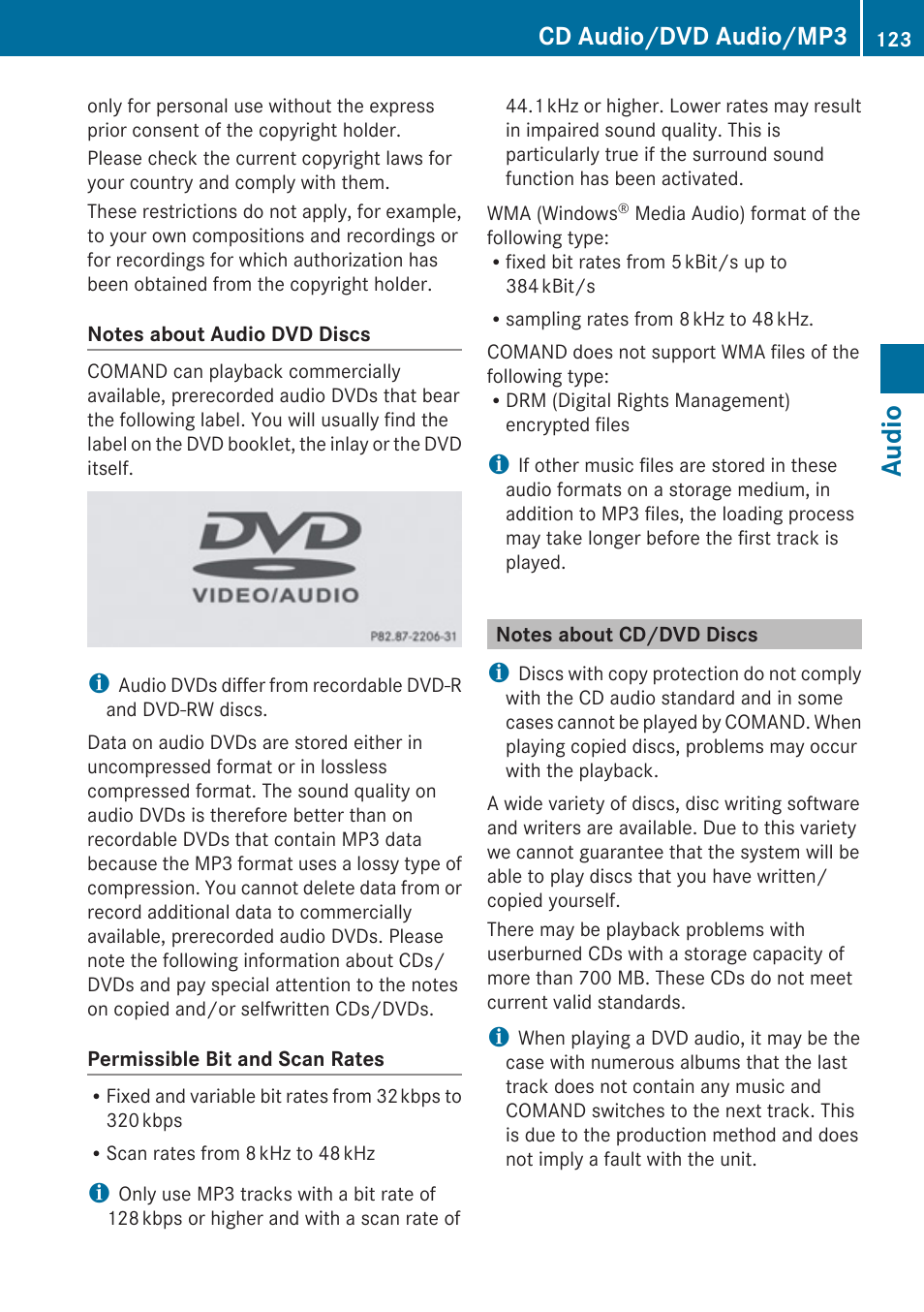 Notes about cd/dvd discs, Audio, Cd audio/dvd audio/mp3 | Mercedes-Benz C-Class 2010 COMAND Manual User Manual | Page 125 / 212
