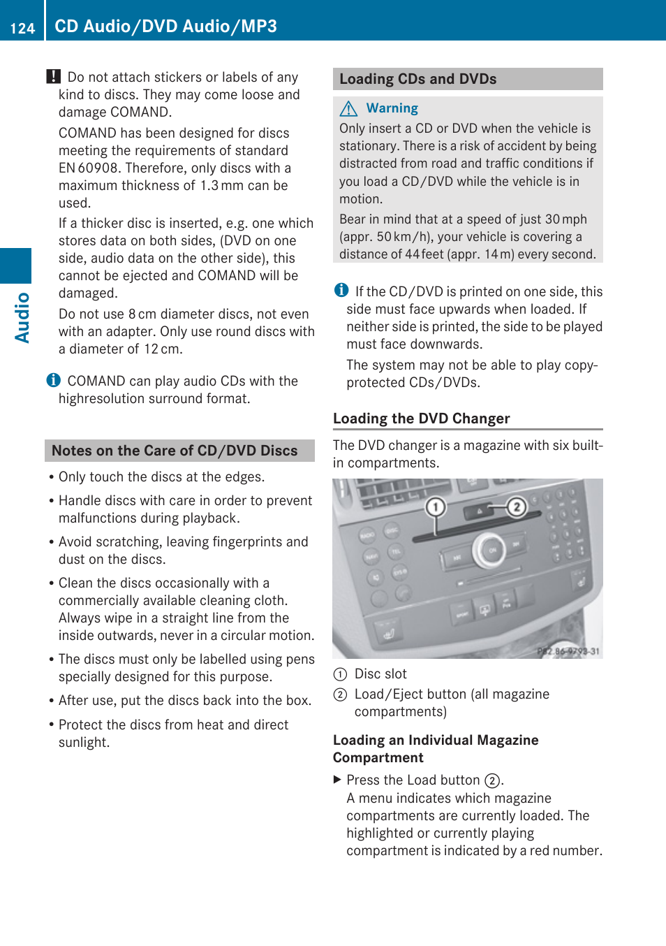 Notes on the care of cd/dvd discs, Loading cds and dvds, Audio | Cd audio/dvd audio/mp3 | Mercedes-Benz C-Class 2010 COMAND Manual User Manual | Page 126 / 212