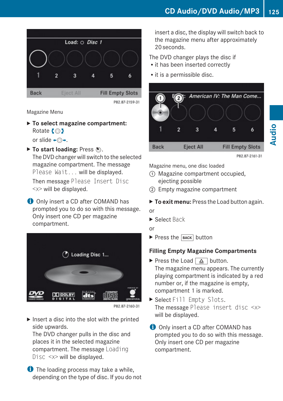 Audio, Cd audio/dvd audio/mp3 | Mercedes-Benz C-Class 2010 COMAND Manual User Manual | Page 127 / 212