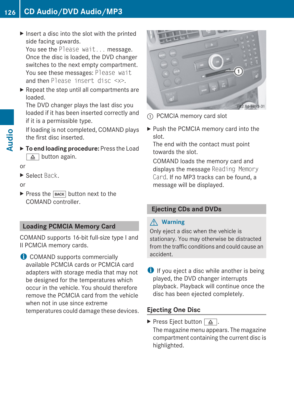 Loading pcmcia memory card, Ejecting cds and dvds, Ejecting discs | Audio, Cd audio/dvd audio/mp3 | Mercedes-Benz C-Class 2010 COMAND Manual User Manual | Page 128 / 212