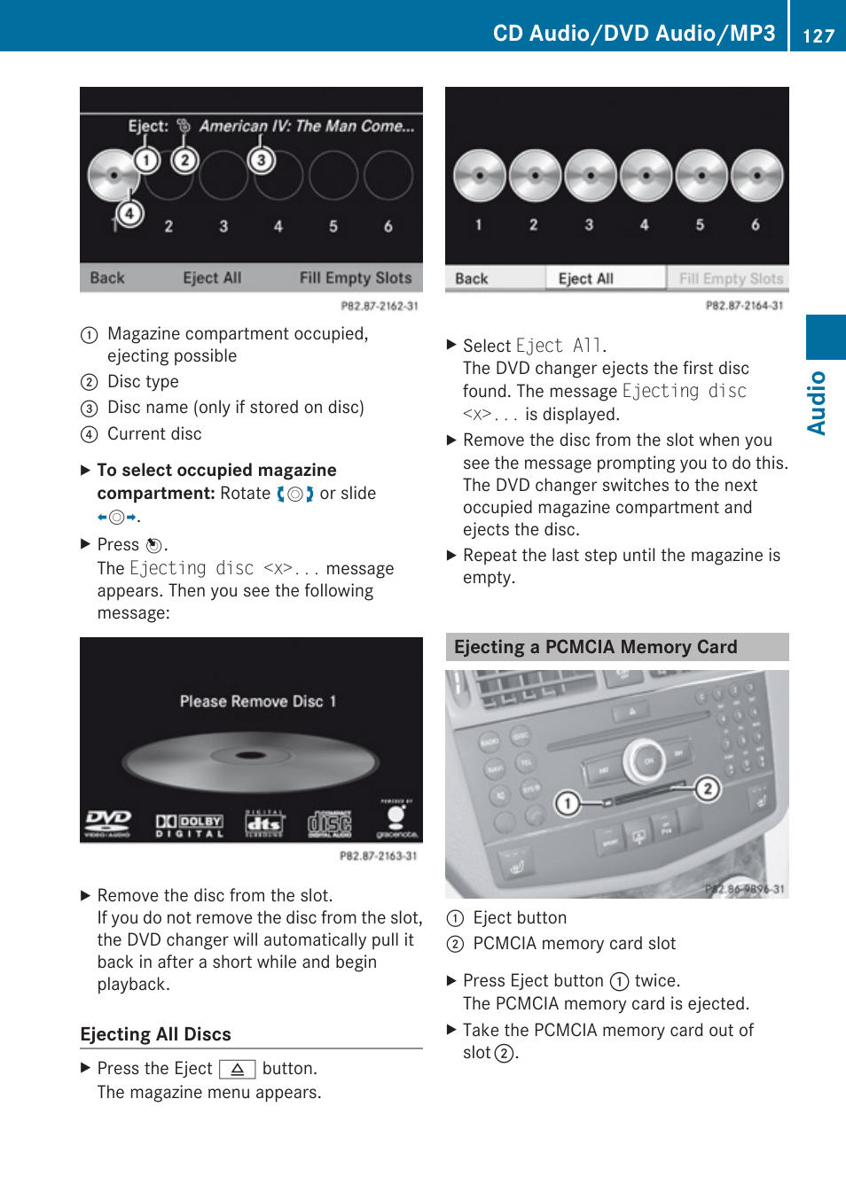 Ejecting a pcmcia memory card, Audio, Cd audio/dvd audio/mp3 | Mercedes-Benz C-Class 2010 COMAND Manual User Manual | Page 129 / 212